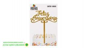 TOPO DE BOLO FELIZ ANIVERSARIO 14,5CM DOURADO PF135502DR