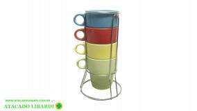 CONJUNTO CANECA CERAM 210ML COLOR C/SUPORTE 4PCS CAI18066