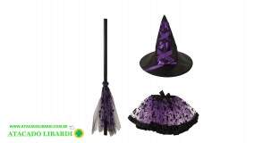 KIT FANTASIA HALLOWEEN SAIA/CHAPEU/VASSOURA 22CM ROXO 96083001