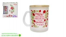 CANECA VIDRO 9CM 320ML VIDRO C/TAMPA BAMBU MAE FBC01186