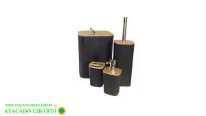 CONJ BANHEIRO PLAST 4PCS PRETO CANELADO F0478