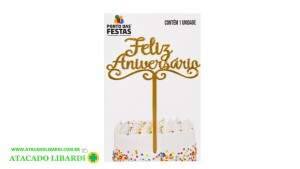 TOPO DE BOLO FELIZ ANIVERSARIO 14,5CM DOURADO PF135502DR