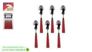 COLHER SOBREMESA 6UNI CABO PLAST GRAMADO VERMELHO 303615
