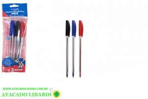 CANETA ESFEROG 1,0MM 3UNI AZUL/PRETA/VERM HEX FO232206