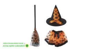 KIT FANTASIA HALLOWEEN SAIA/CHAPEU/VASSOURA 22CM LARANJA 96085001