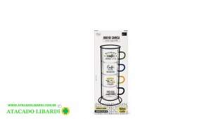 CANECA VIDRO 150ML FRASE 4PCS C/ SUPORTE LH5182